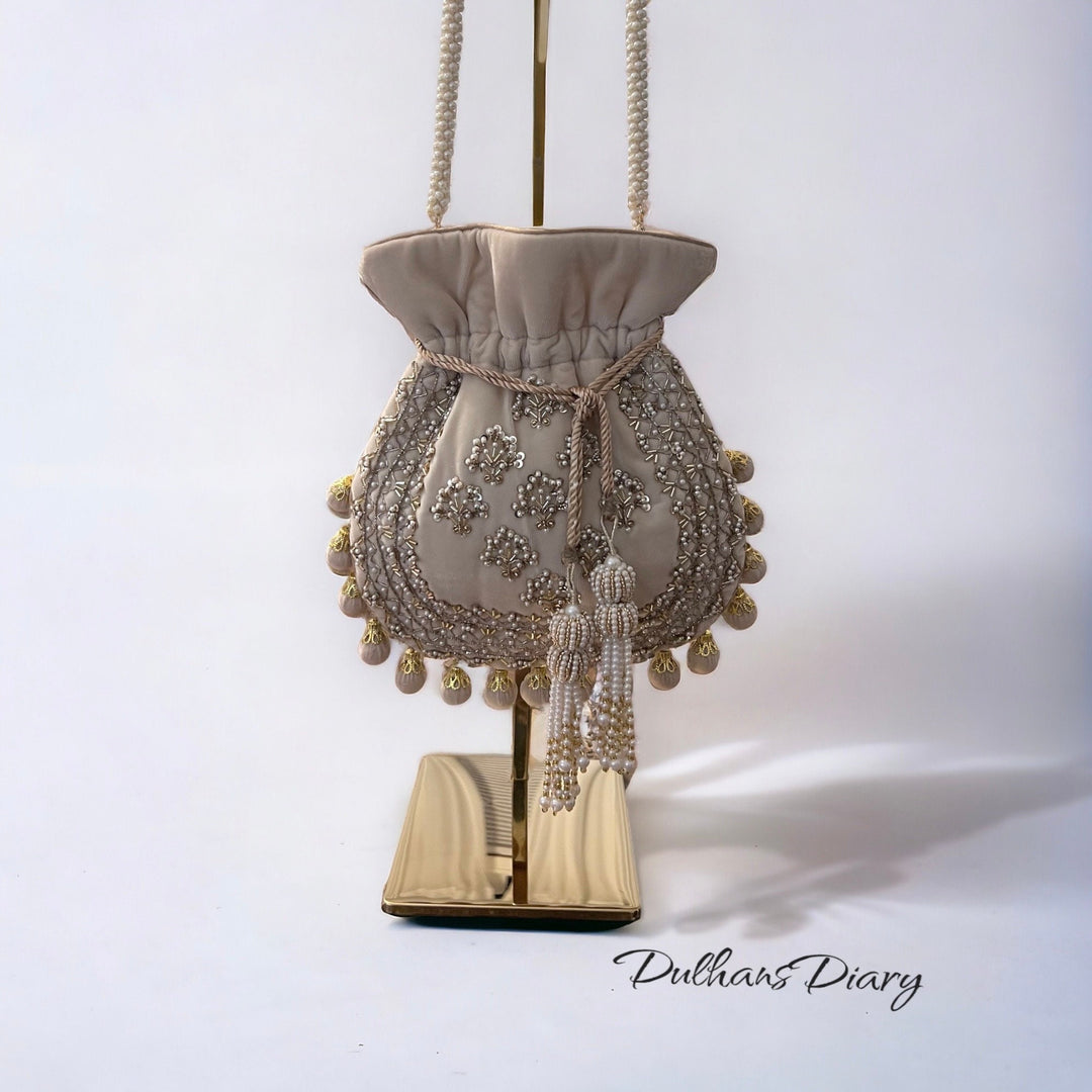 Handmade Beige Velvet Bridal Potli Bag: Embroidered Indian Evening Bag