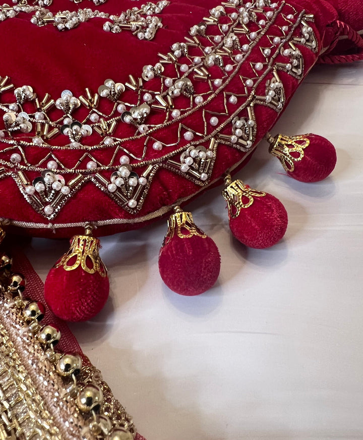 Red Velvet Bridal Potli Bag: Embroidered Indian Wedding Clutch