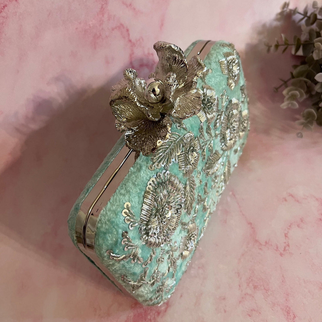 Handmade Zardozi Work Clutch: Turquoise Bridal Clutch