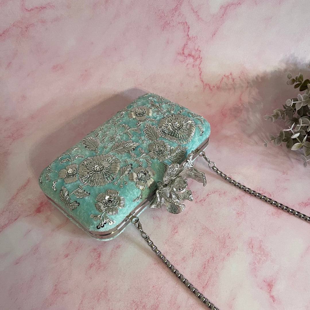 Handmade Zardozi Work Clutch: Turquoise Bridal Clutch
