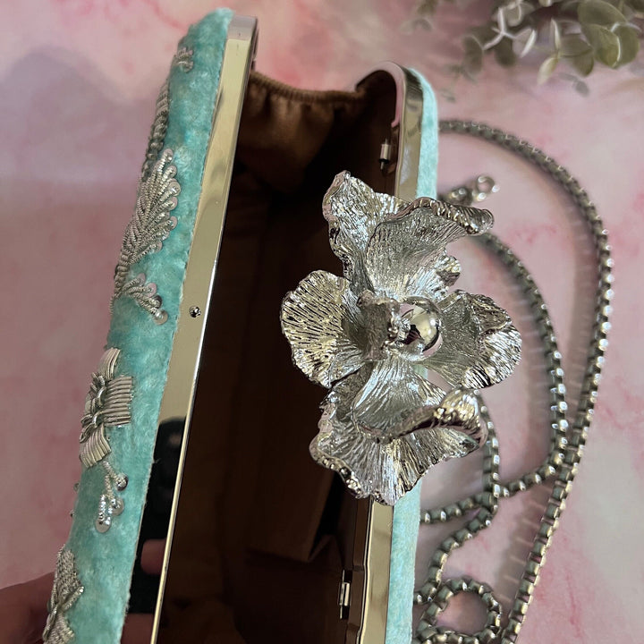Handmade Zardozi Work Clutch: Turquoise Bridal Clutch
