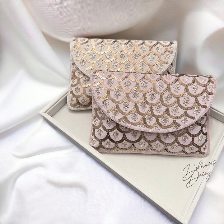 Bridal Beaded Light Pink Wristlet Clutch| Handmade Evening Envelope Clutch