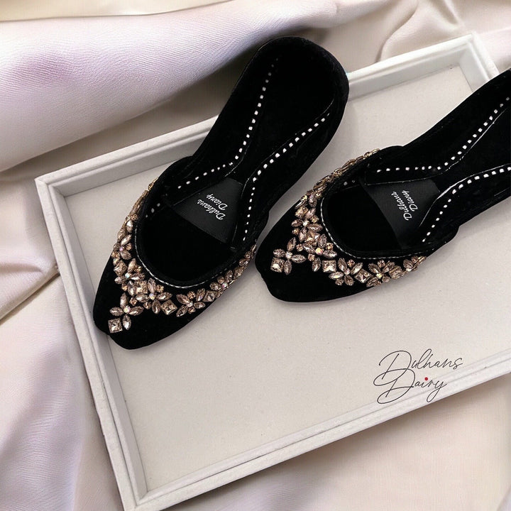 Handmade Black Velvet Crystal Khussa Juttis: Pakistani Bridal Shoes