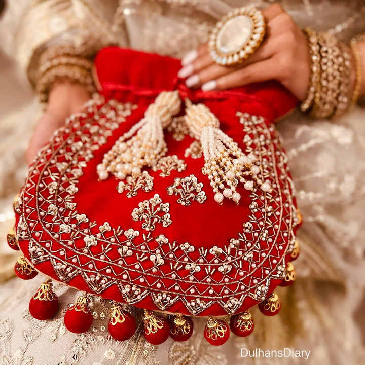 Red Velvet Bridal Potli Bag: Embroidered Indian Wedding Clutch