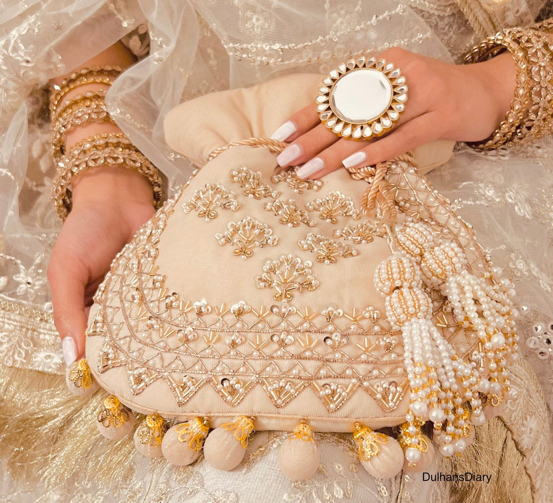 Handmade Beige Velvet Bridal Potli Bag: Embroidered Indian Evening Bag