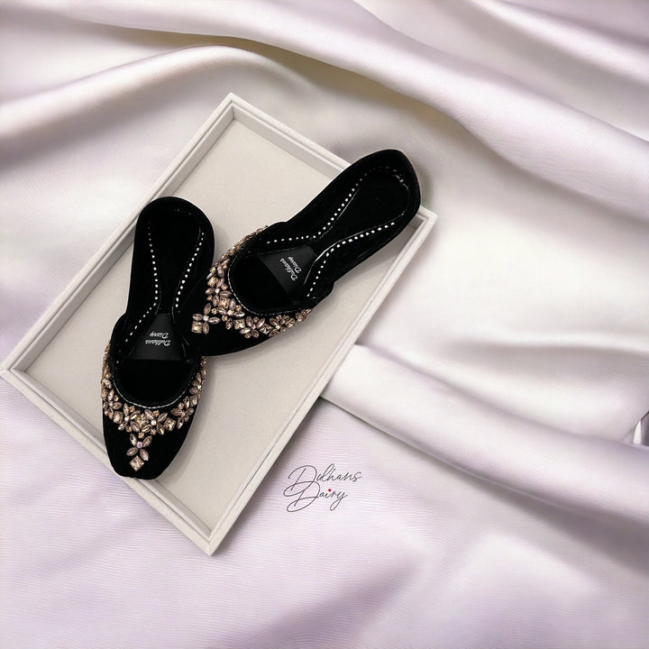 Handmade Black Velvet Crystal Khussa Juttis: Pakistani Bridal Shoes