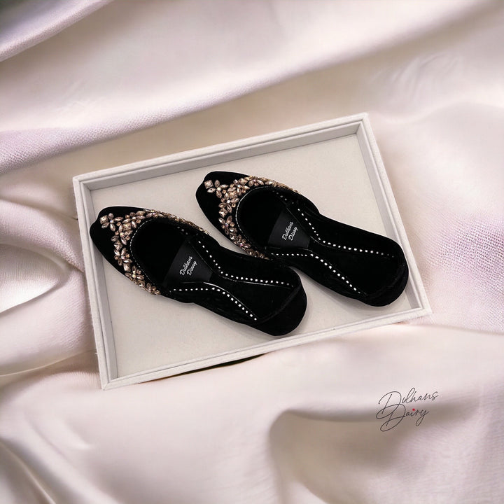 Handmade Black Velvet Crystal Khussa Juttis: Pakistani Bridal Shoes