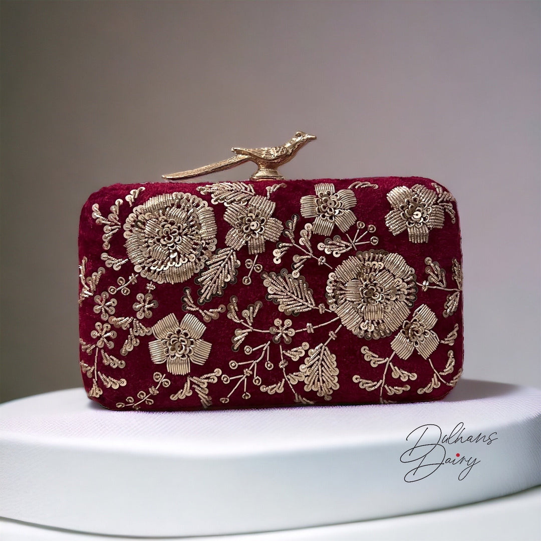 Maroon Velvet Bridal Clutch: Handmade Zardosi Indian Evening Bag