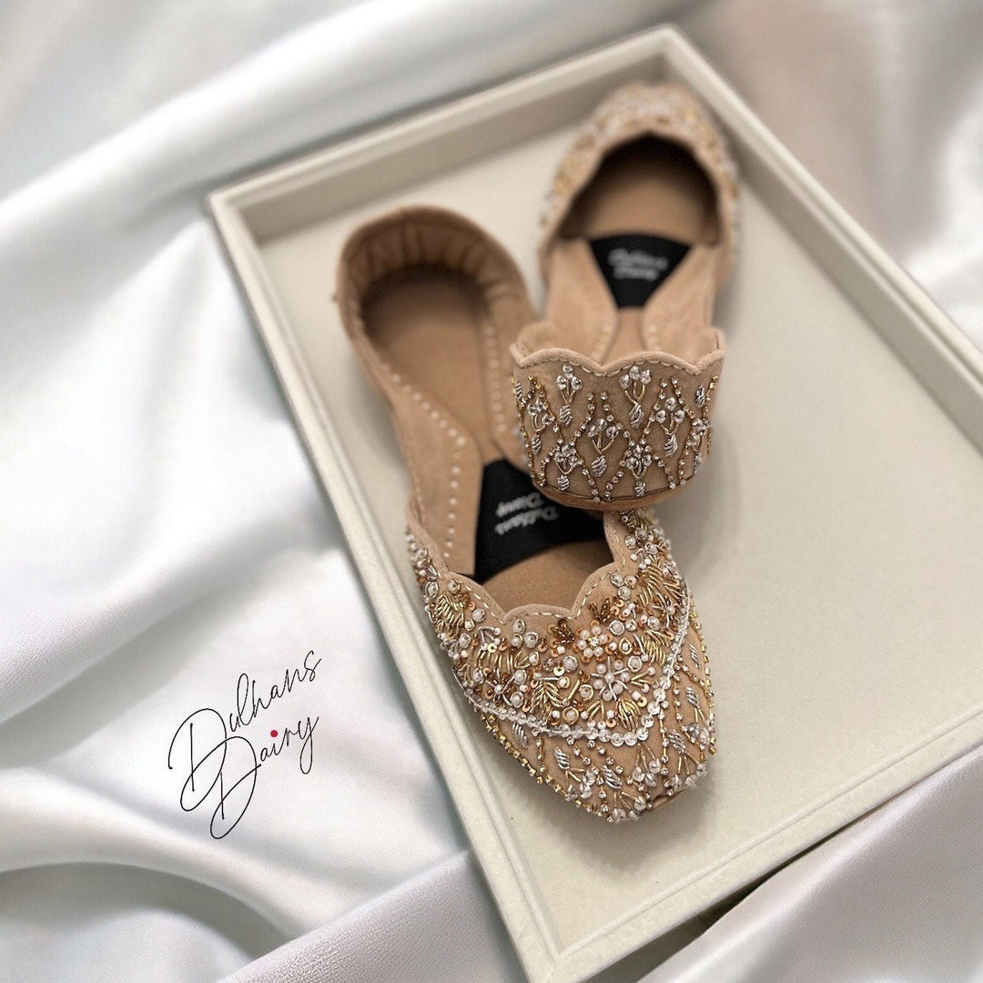 Handmade Bridal Khussa: Gold Beaded Punjabi Jutti, Wedding Shoes