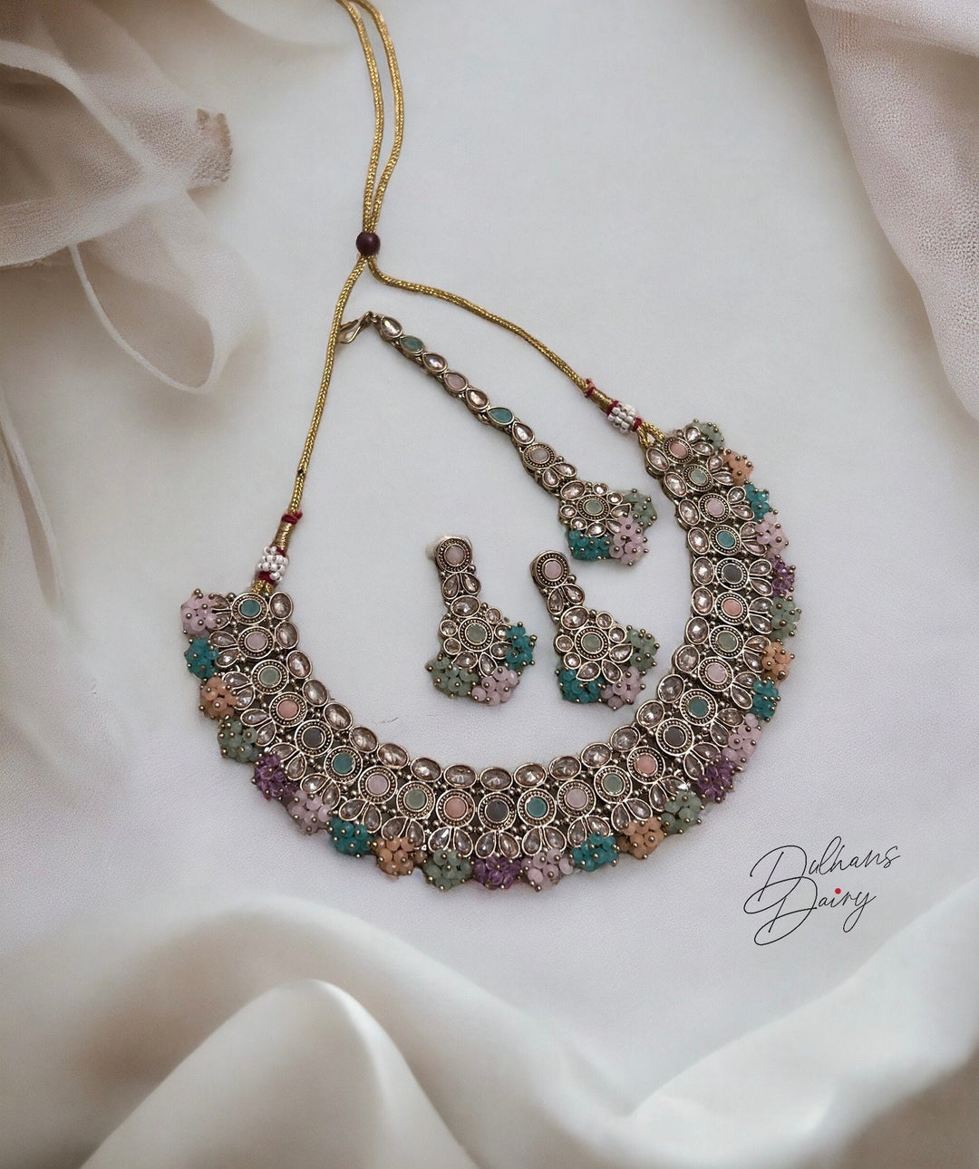 Kundan Bridal Necklace Set: Indian Gold Finish, Multicolor Crystal Jewelry