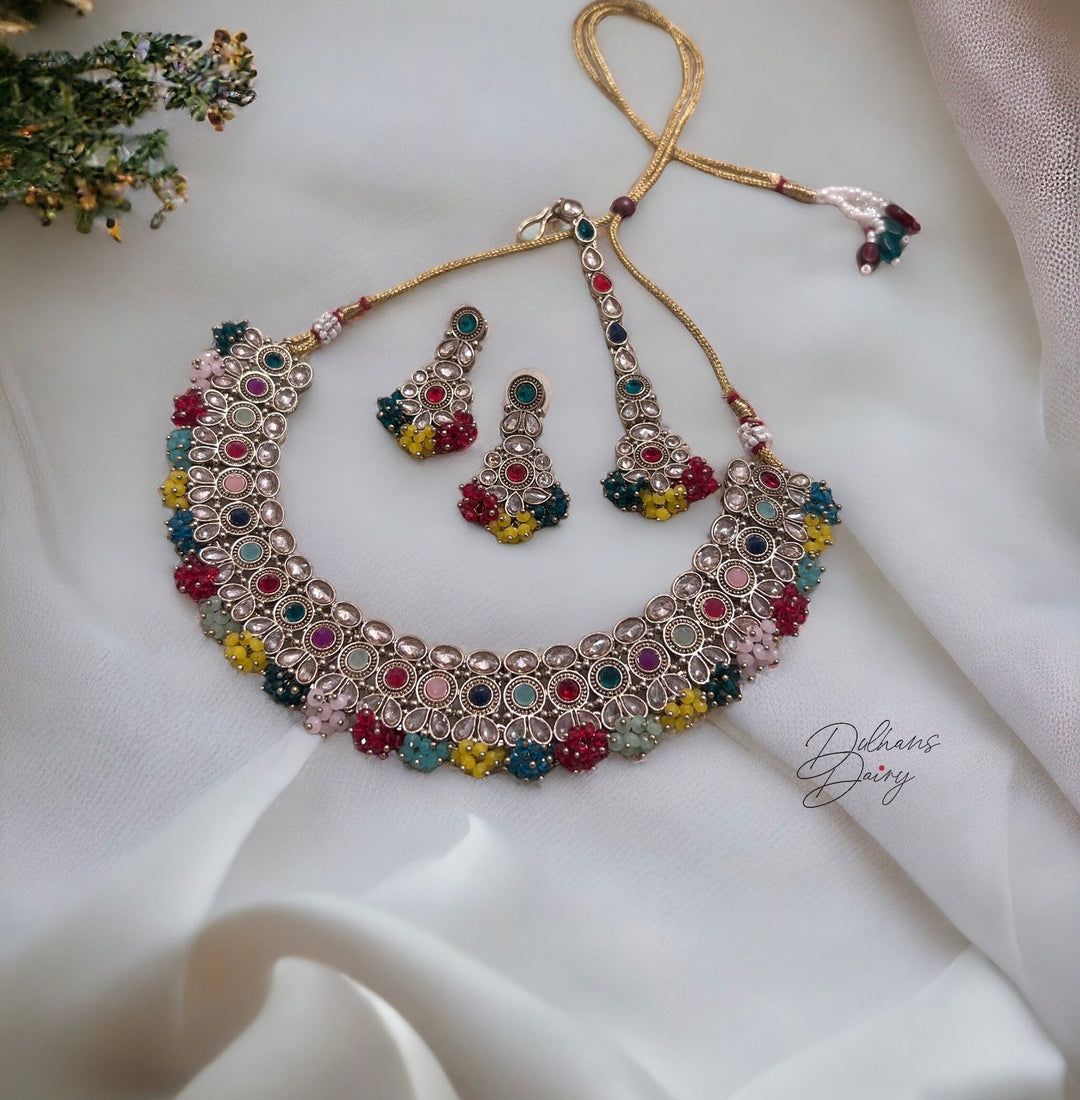 Kundan Bridal Necklace Set: Indian Gold Finish, Multicolor Crystal Jewelry