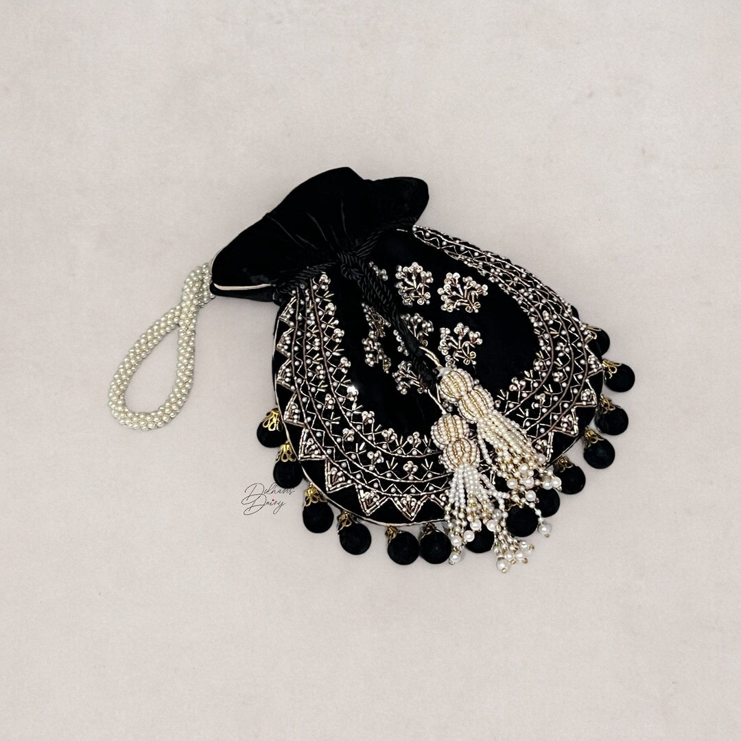 Handmade Black Velvet Potli Bag: Embroidered Bridal Clutch