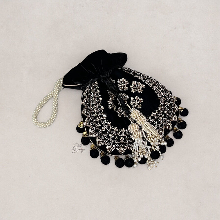 Handmade Black Velvet Potli Bag: Embroidered Bridal Clutch