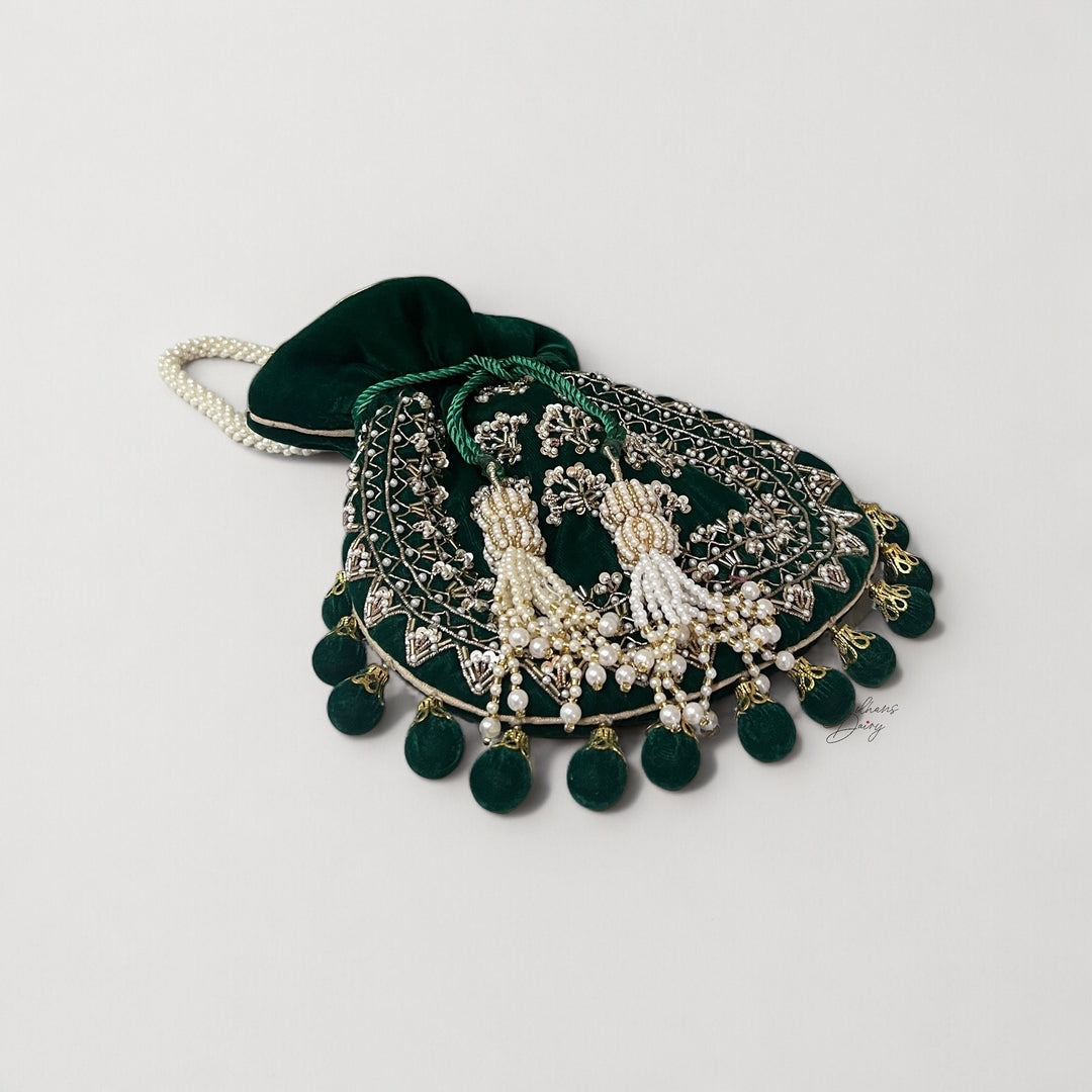Green Velvet Potli Bag: Embroidered Indian Bridal Clutch