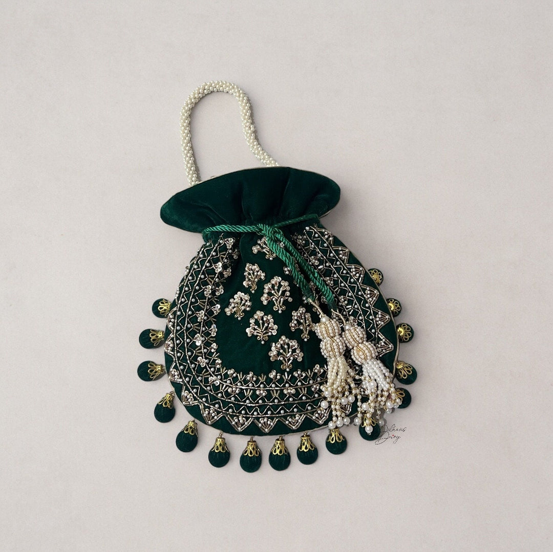 Green Velvet Potli Bag: Embroidered Indian Bridal Clutch