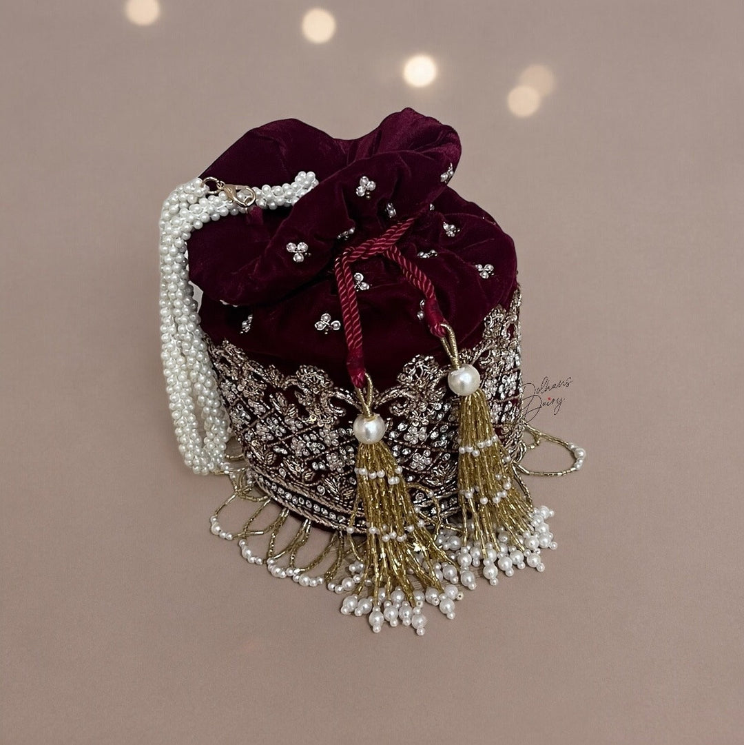 Maroon Velvet Bridal Potli Bag: Handmade Beaded Indian Wedding Handbag