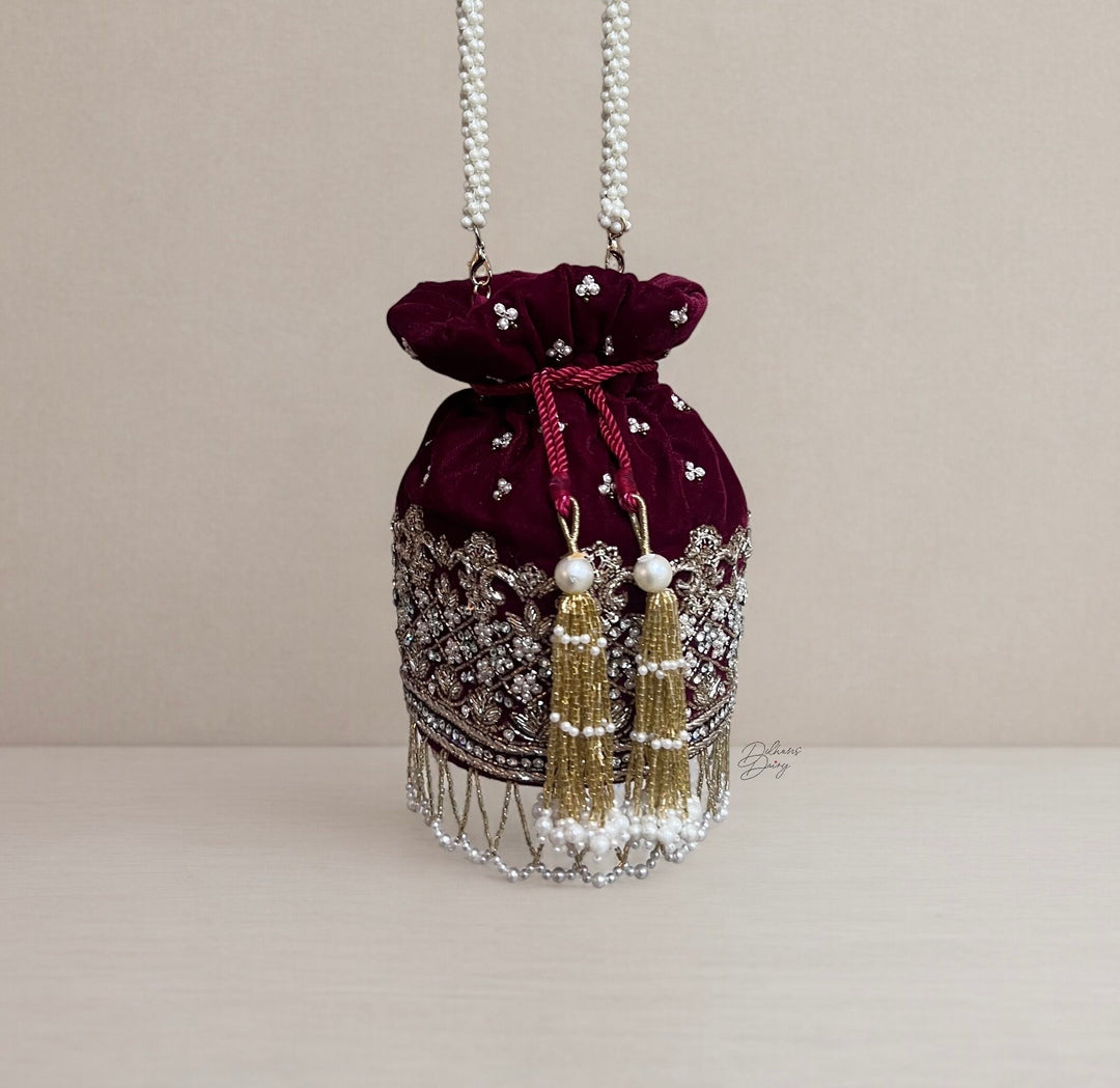 Maroon Velvet Bridal Potli Bag: Handmade Beaded Indian Wedding Handbag