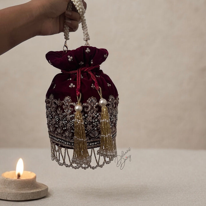 Maroon Velvet Bridal Potli Bag: Handmade Beaded Indian Wedding Handbag