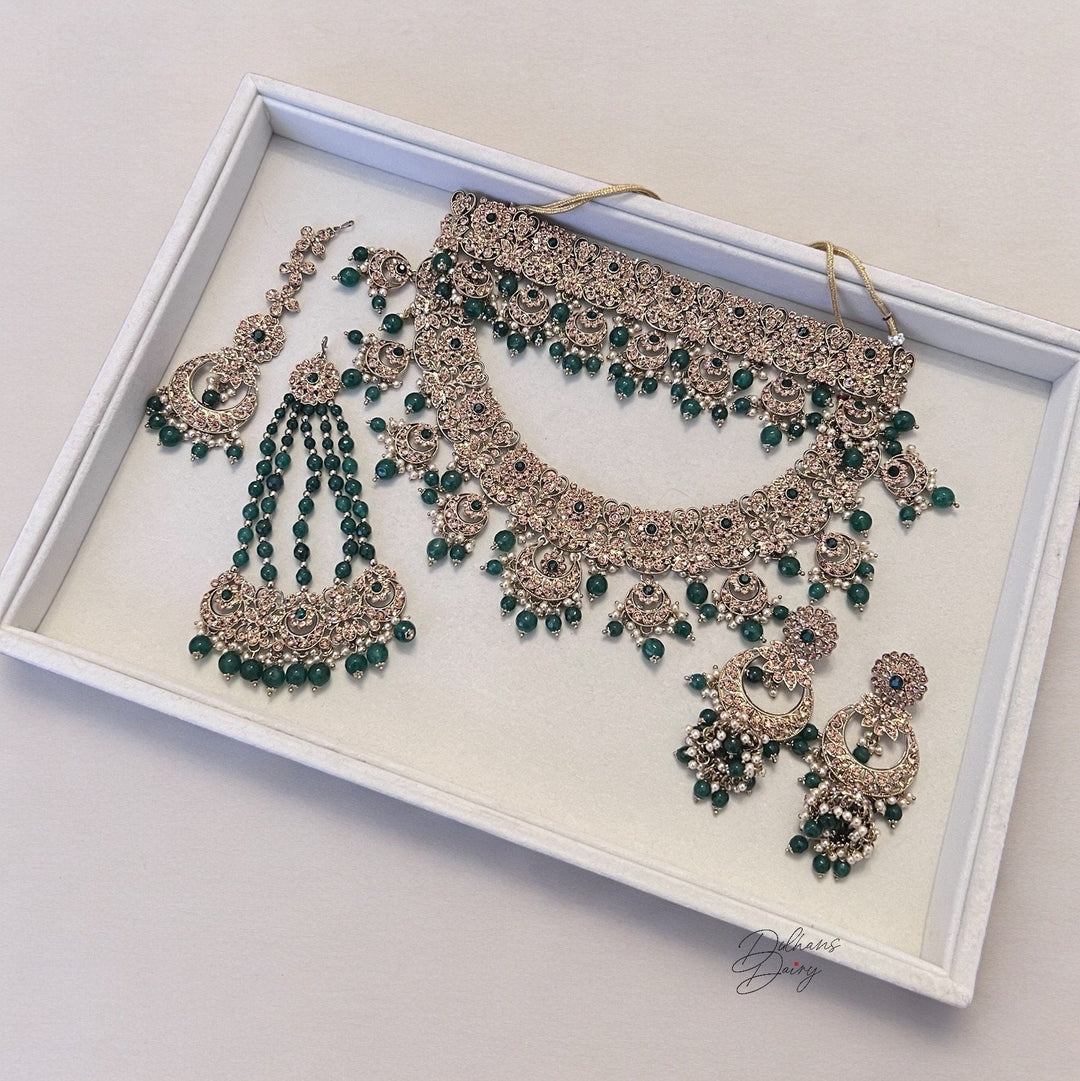 Indian Bridal Necklace Set: Gold Plated Kundan Jewelry, Green Crystal Embellishments
