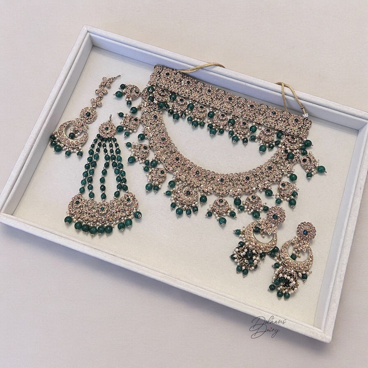 Indian Bridal Necklace Set: Gold Plated Kundan Jewelry, Green Crystal Embellishments