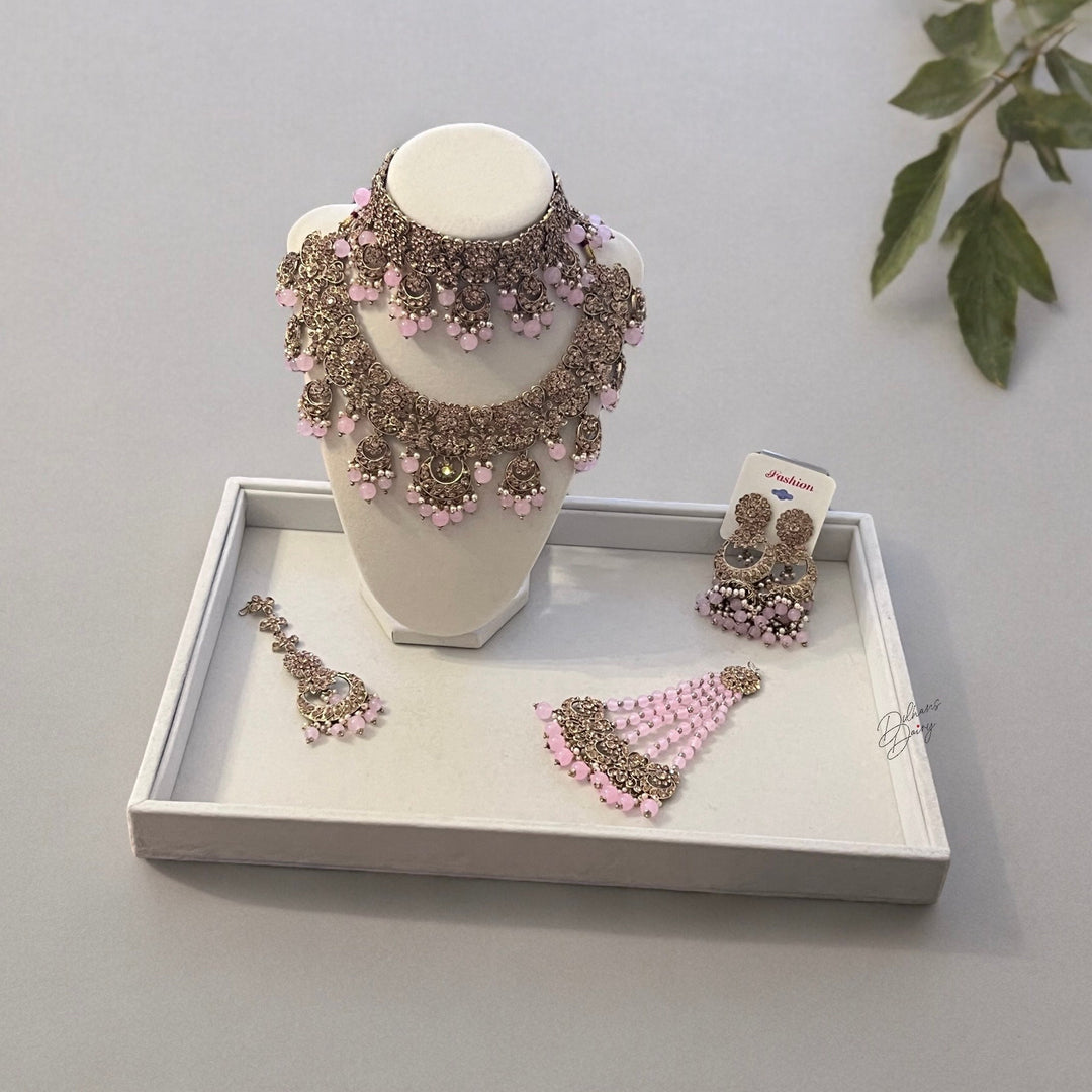 Pink Indian Bridal Necklace Set: Gold Plated Pink Jewelry