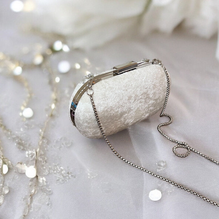 White Beaded Velvet Clutch: Bridal Purse with Crystal Embellishments