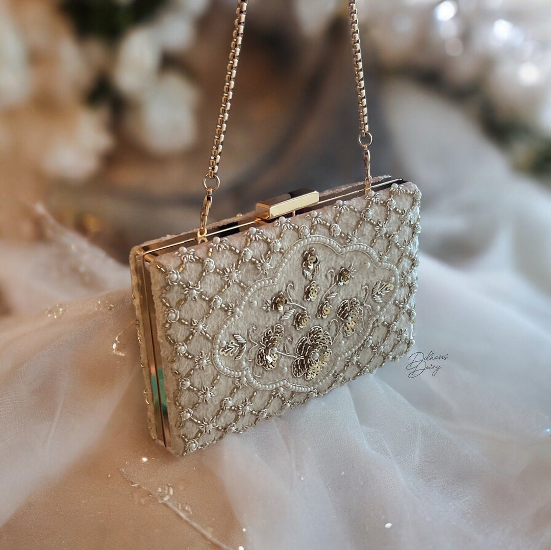 Beaded Ivory Velvet Bridal Clutch: Zardosi Wedding Purse