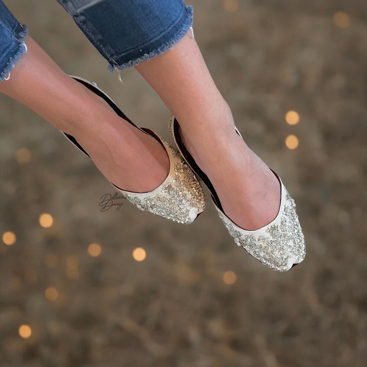 Handmade Silver Bridal Juttis: Sequin & Zardozi Embroidered Wedding Shoes