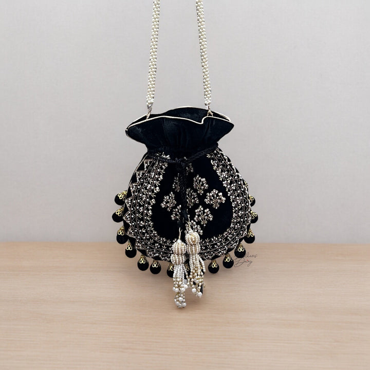 Handmade Black Velvet Potli Bag: Embroidered Bridal Clutch