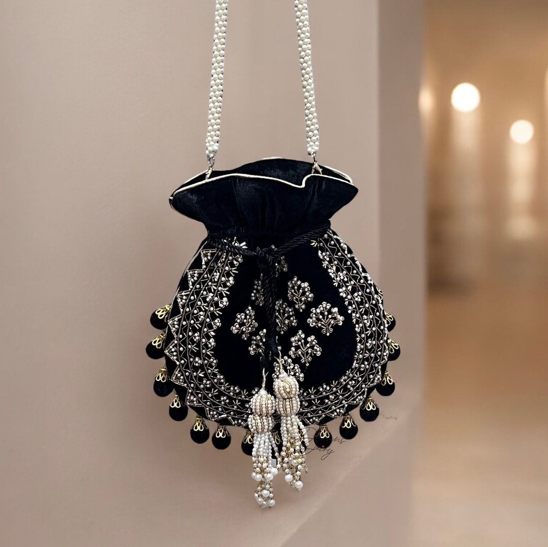 Handmade Black Velvet Potli Bag: Embroidered Bridal Clutch