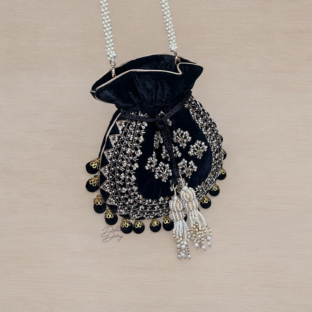 Handmade Black Velvet Potli Bag: Embroidered Bridal Clutch