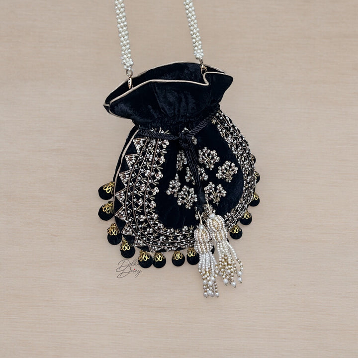 Handmade Black Velvet Potli Bag: Embroidered Bridal Clutch