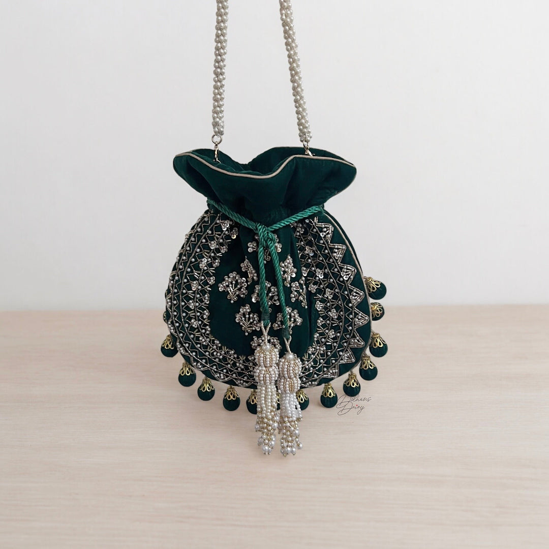 Green Velvet Potli Bag: Embroidered Indian Bridal Clutch