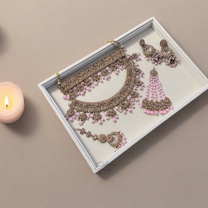 Pink Indian Bridal Necklace Set: Gold Plated Pink Jewelry