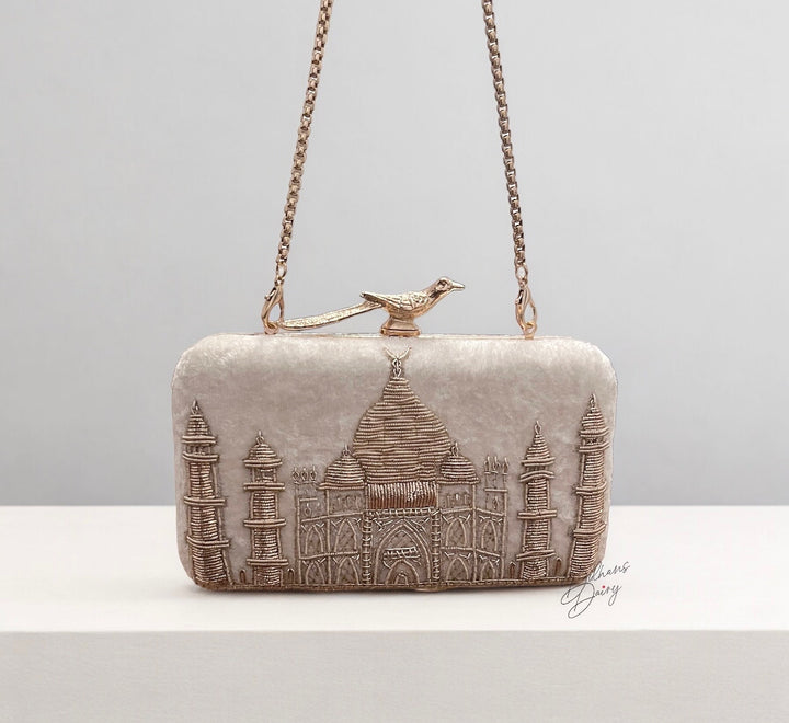 Taj Mahal Inspired Bridal Clutch: Zardozi Embroidery, Velvet & Gold