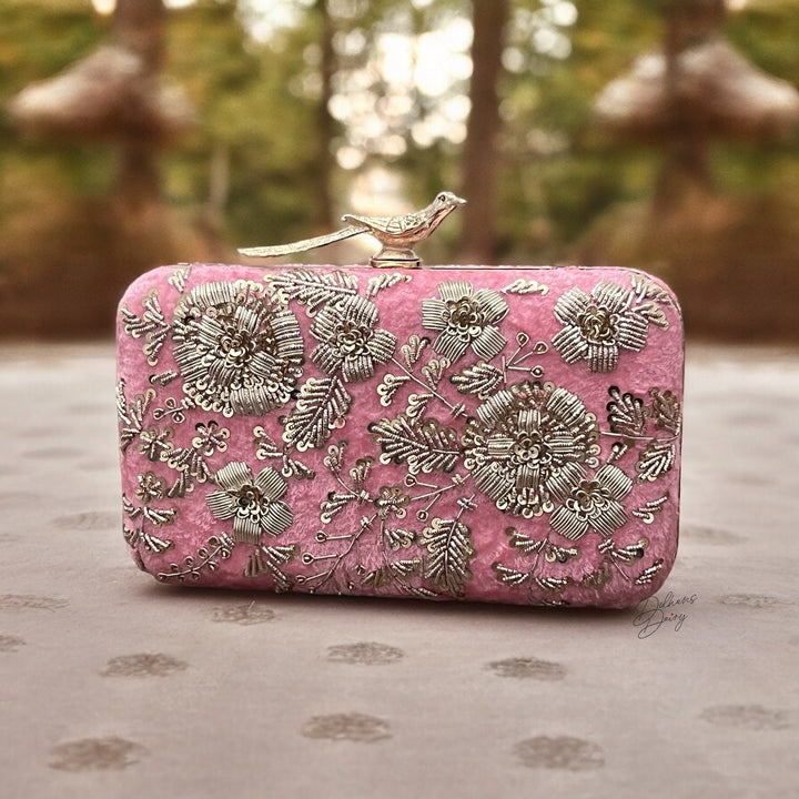 Handmade Pink Velvet Box Clutch: Zardosi Embroidered Evening Purse