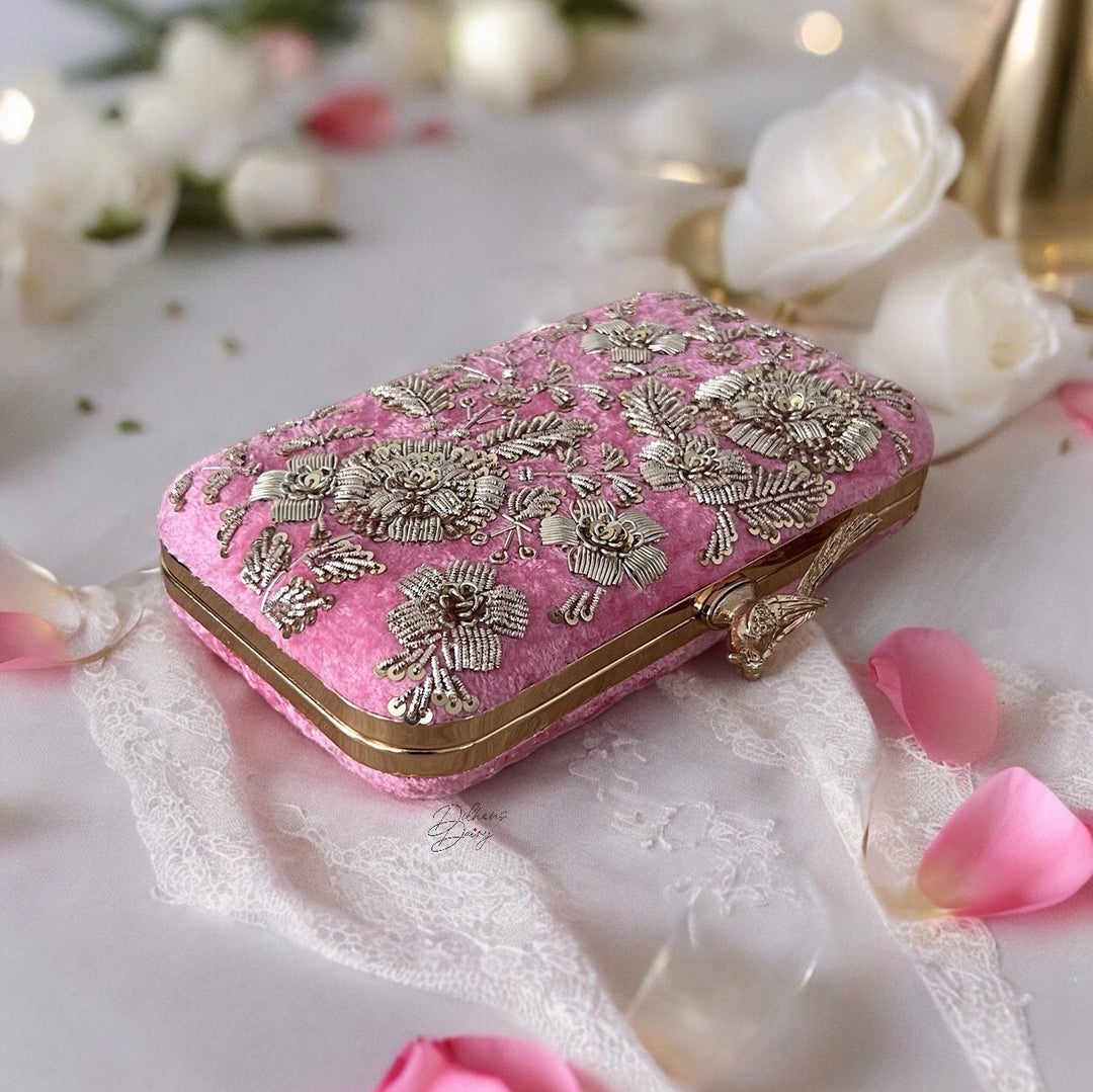 Handmade Pink Velvet Box Clutch: Zardosi Embroidered Evening Purse