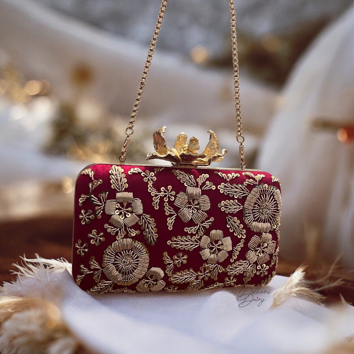 Handmade Red Zardozi Clutch: Indian Pakistani Box Clutch
