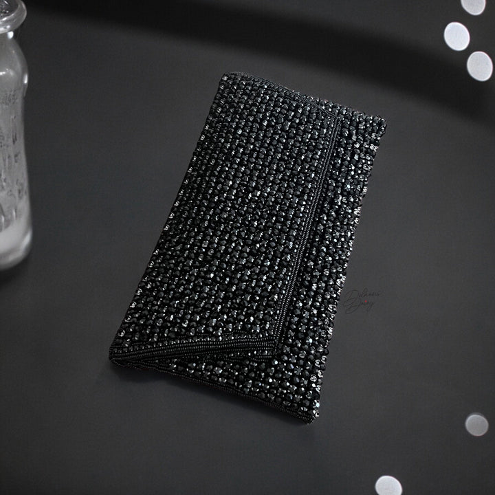 Handmade Crystal Evening Clutch: Beaded Black Envelope Wristlet