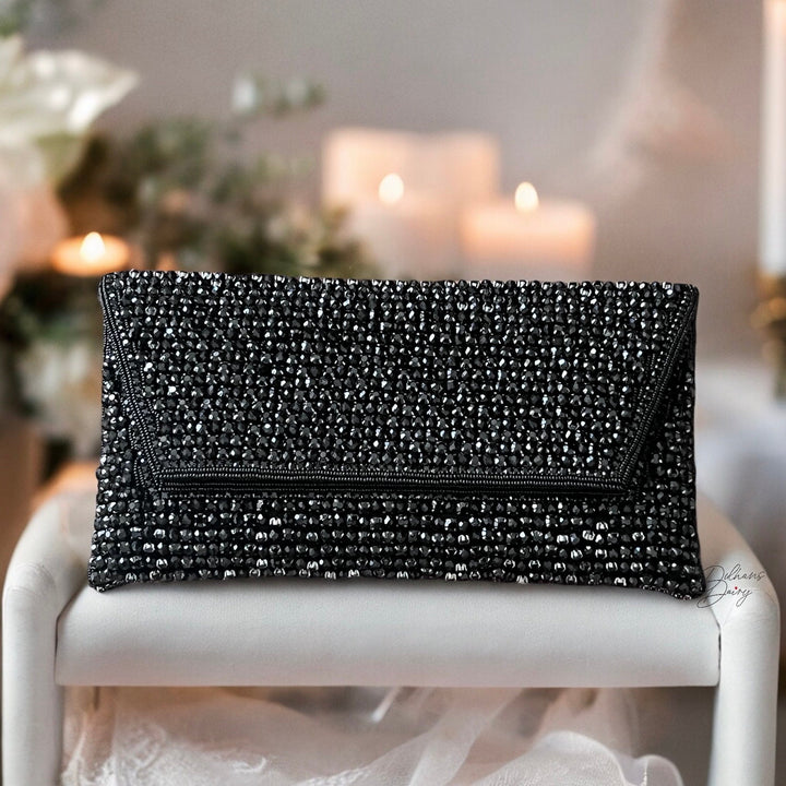 Handmade Crystal Evening Clutch: Beaded Black Envelope Wristlet