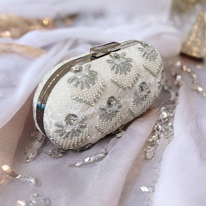 White Beaded Velvet Clutch: Bridal Purse with Crystal Embellishments