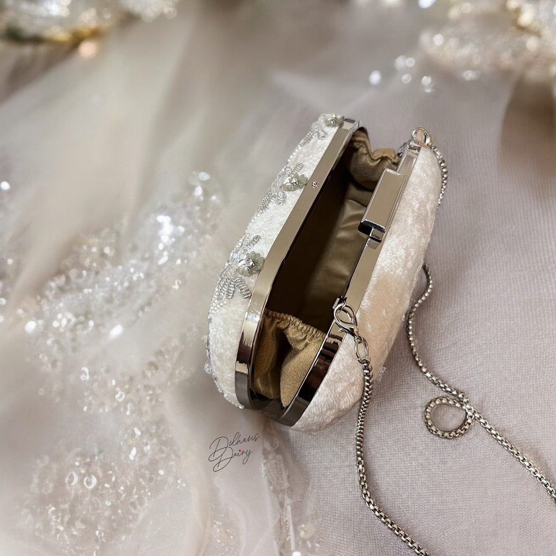 White Beaded Velvet Clutch: Bridal Purse with Crystal Embellishments