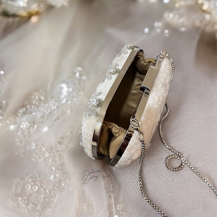 White Beaded Velvet Clutch: Bridal Purse with Crystal Embellishments