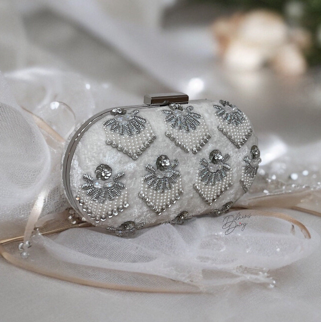 White Beaded Velvet Clutch: Bridal Purse with Crystal Embellishments