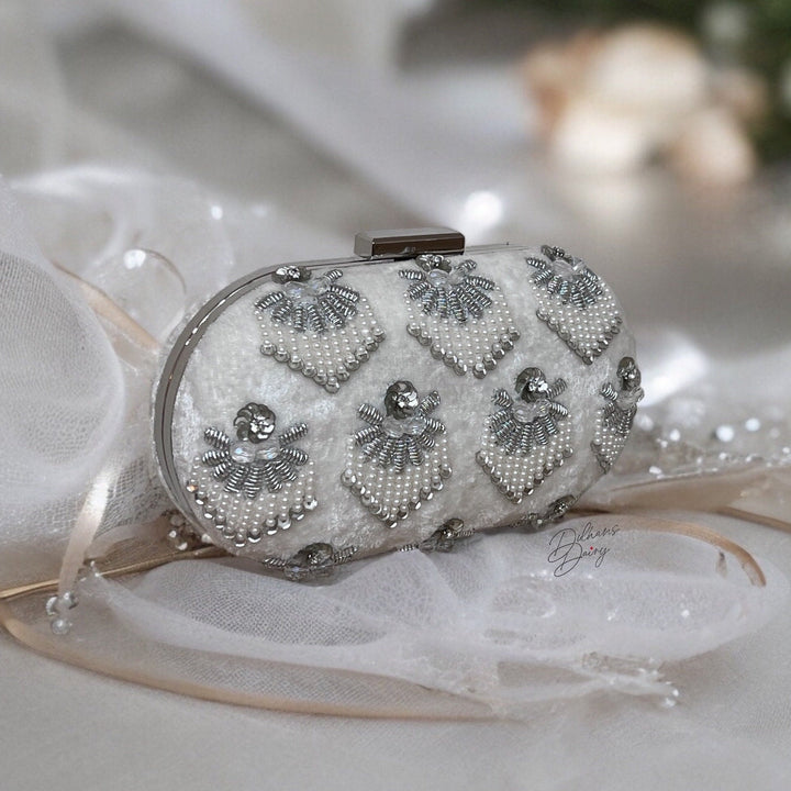 White Beaded Velvet Clutch: Bridal Purse with Crystal Embellishments
