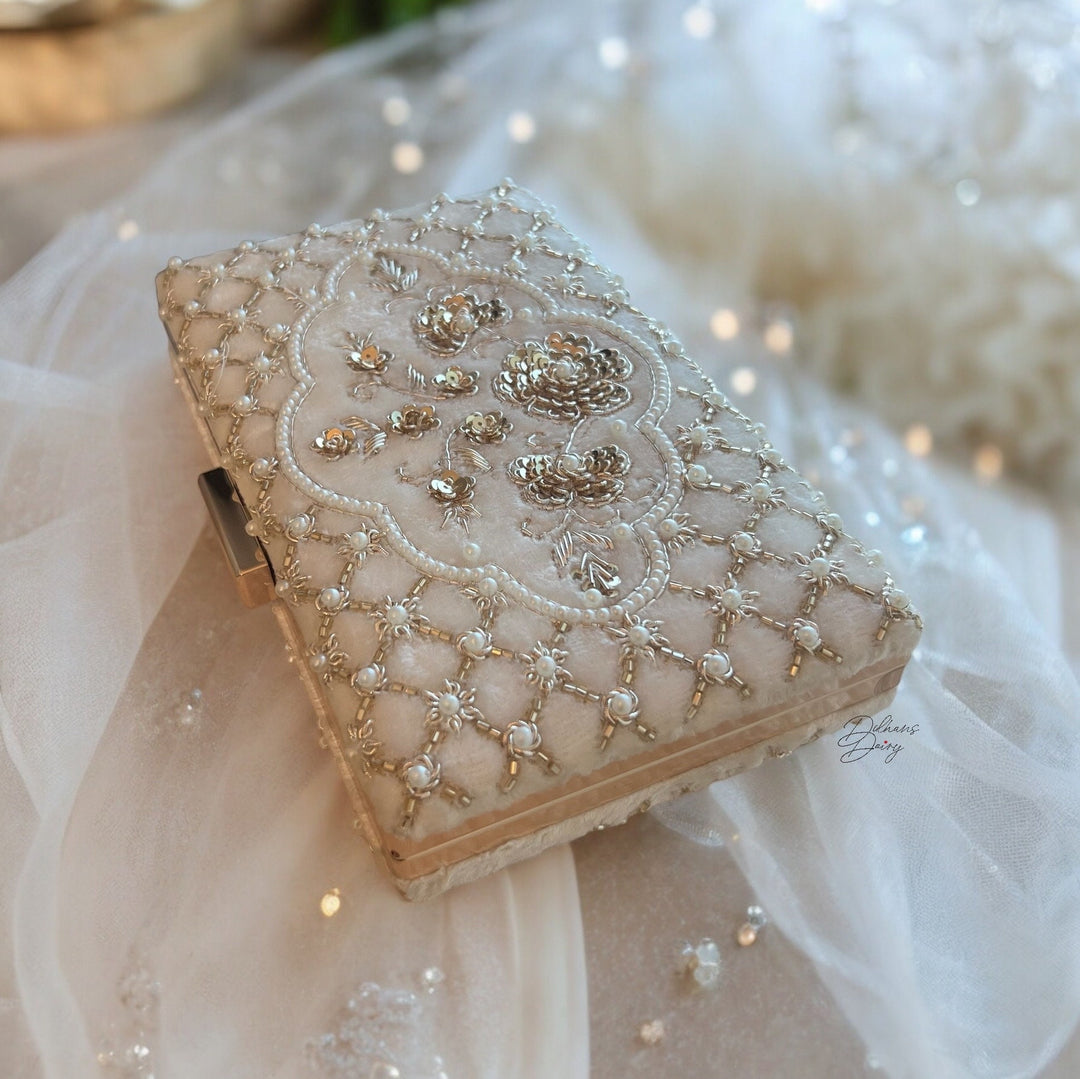 Beaded Ivory Velvet Bridal Clutch: Zardosi Wedding Purse