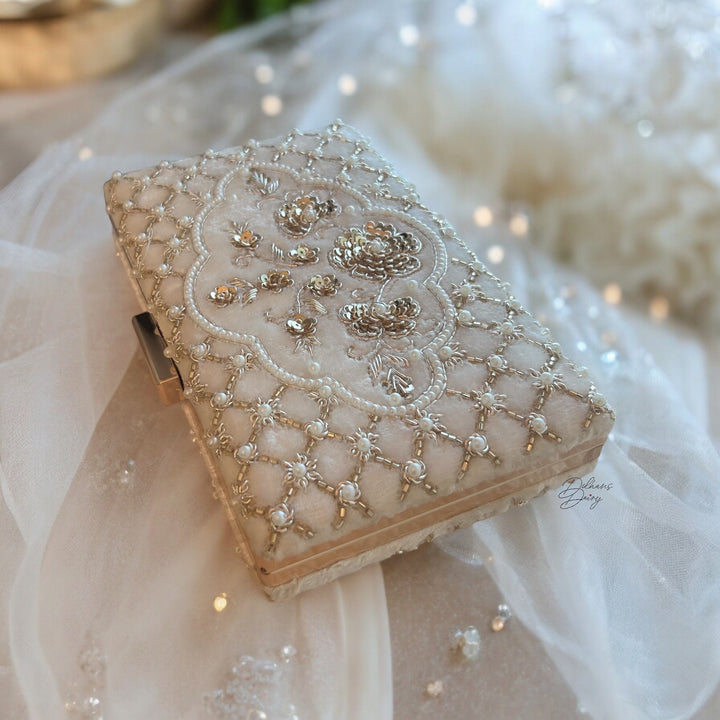 Beaded Ivory Velvet Bridal Clutch: Zardosi Wedding Purse