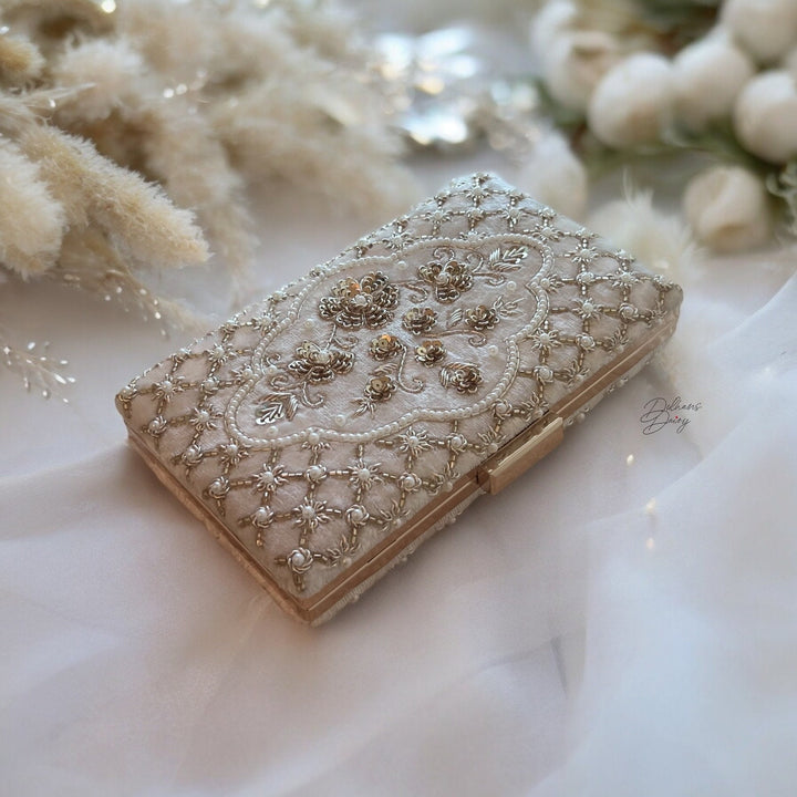 Beaded Ivory Velvet Bridal Clutch: Zardosi Wedding Purse
