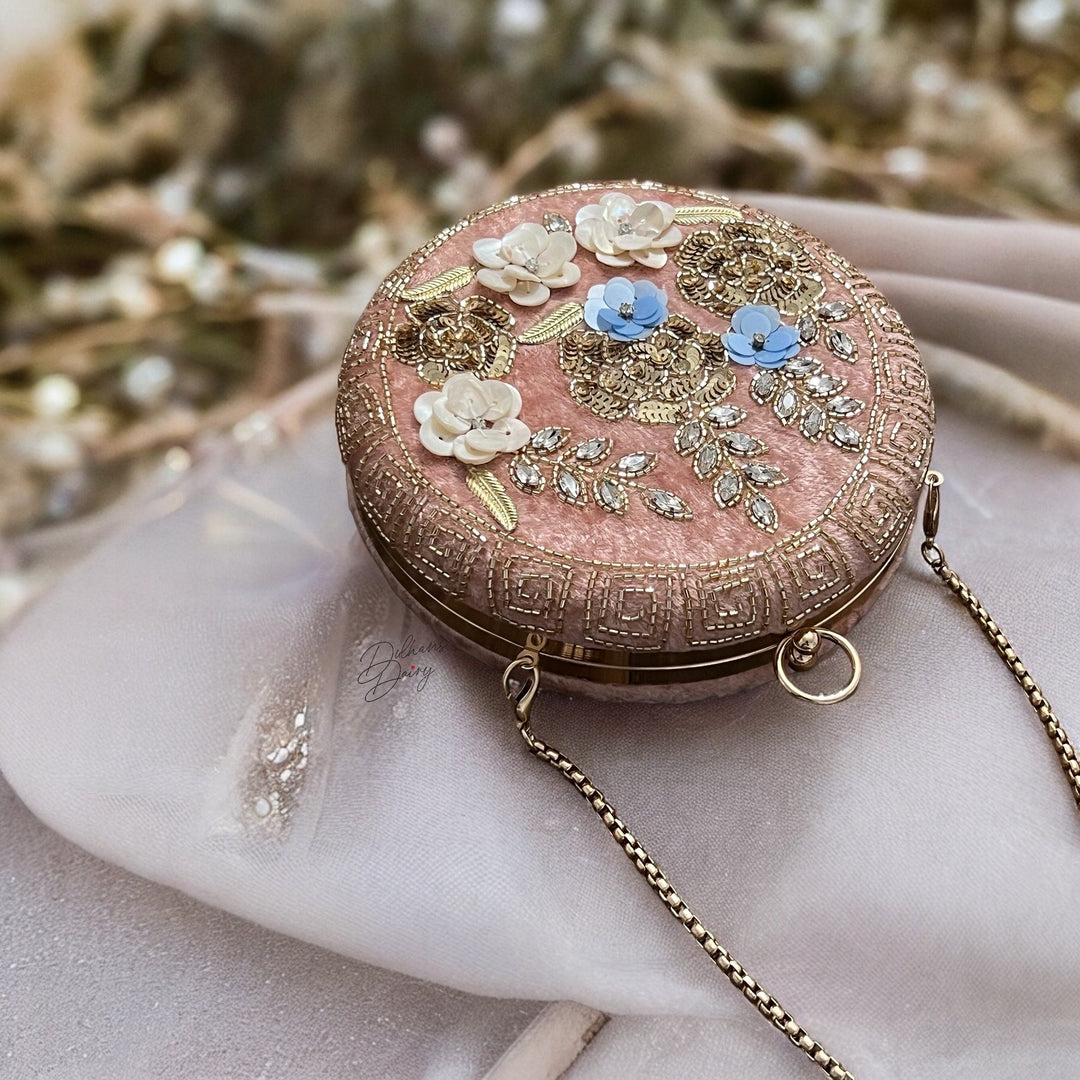 Dusty Pink Velvet Clutch: Beaded Floral Evening Bag