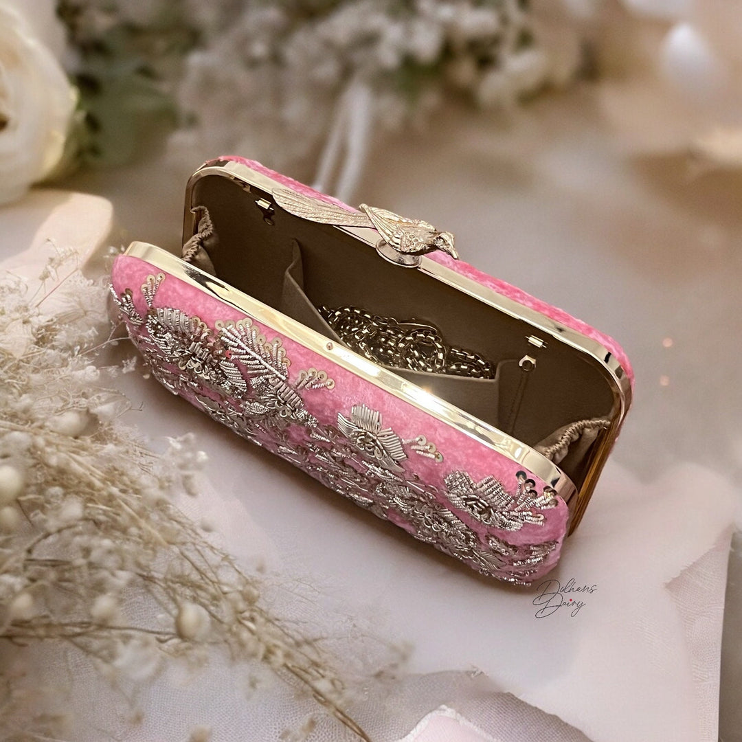 Handmade Pink Velvet Box Clutch: Zardosi Embroidered Evening Purse